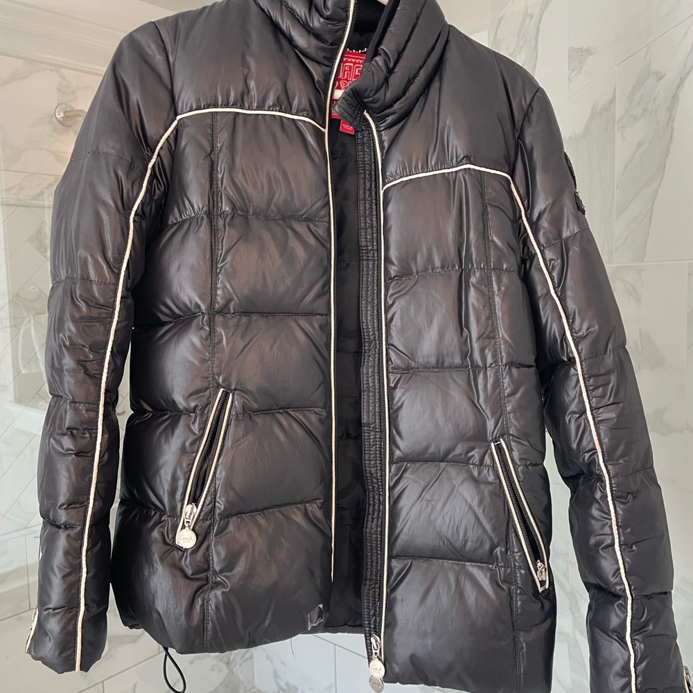 Coach Black Puffer Jacket with White Accents